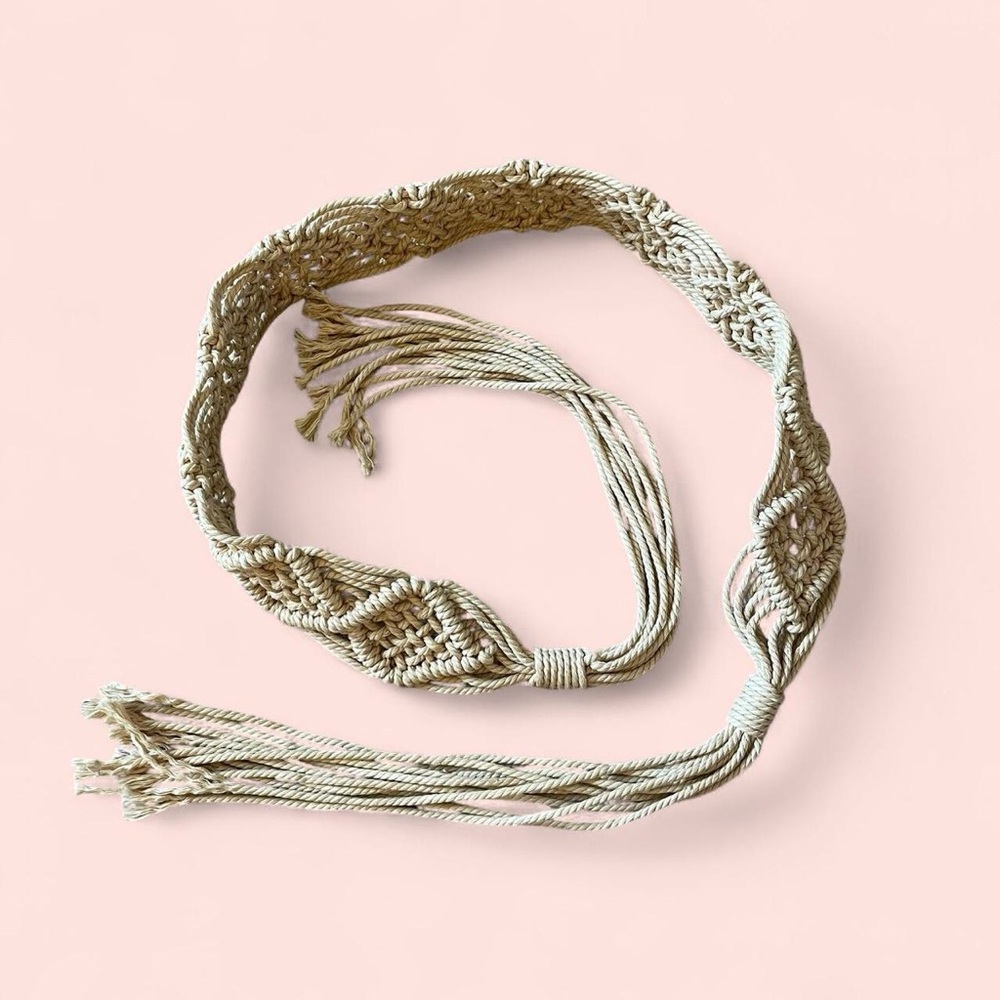 Cream Macrame Woven Waist Belt w/ Tassels